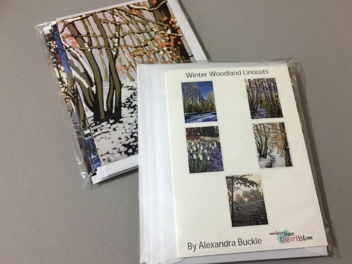 Notecard pack of winter woodland linocuts by Alexandra Buckle